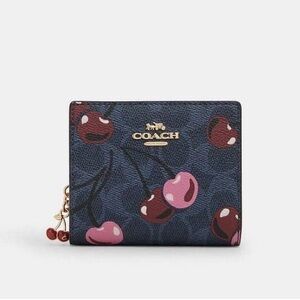 NWT Coach Navy Denim Signature Print Cherry Snap Wallet with Cherry Charm